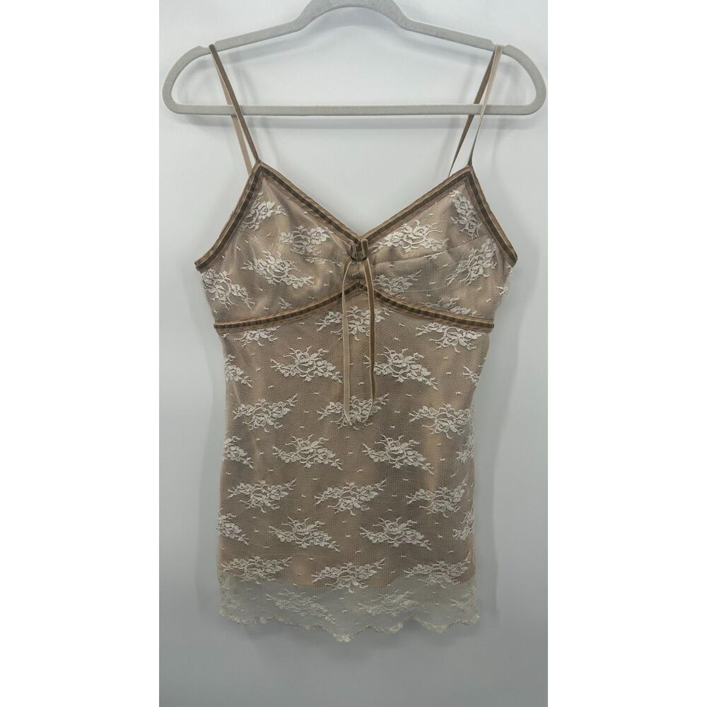 Y2K Babydoll Top Womens L Lace Tan Tank Coquette Feminine Romantic Fairy